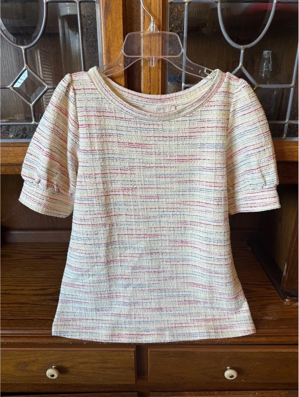 LOFT Multicolor Boucle Tweed Top XS Puff Sleeve Textured Blouse